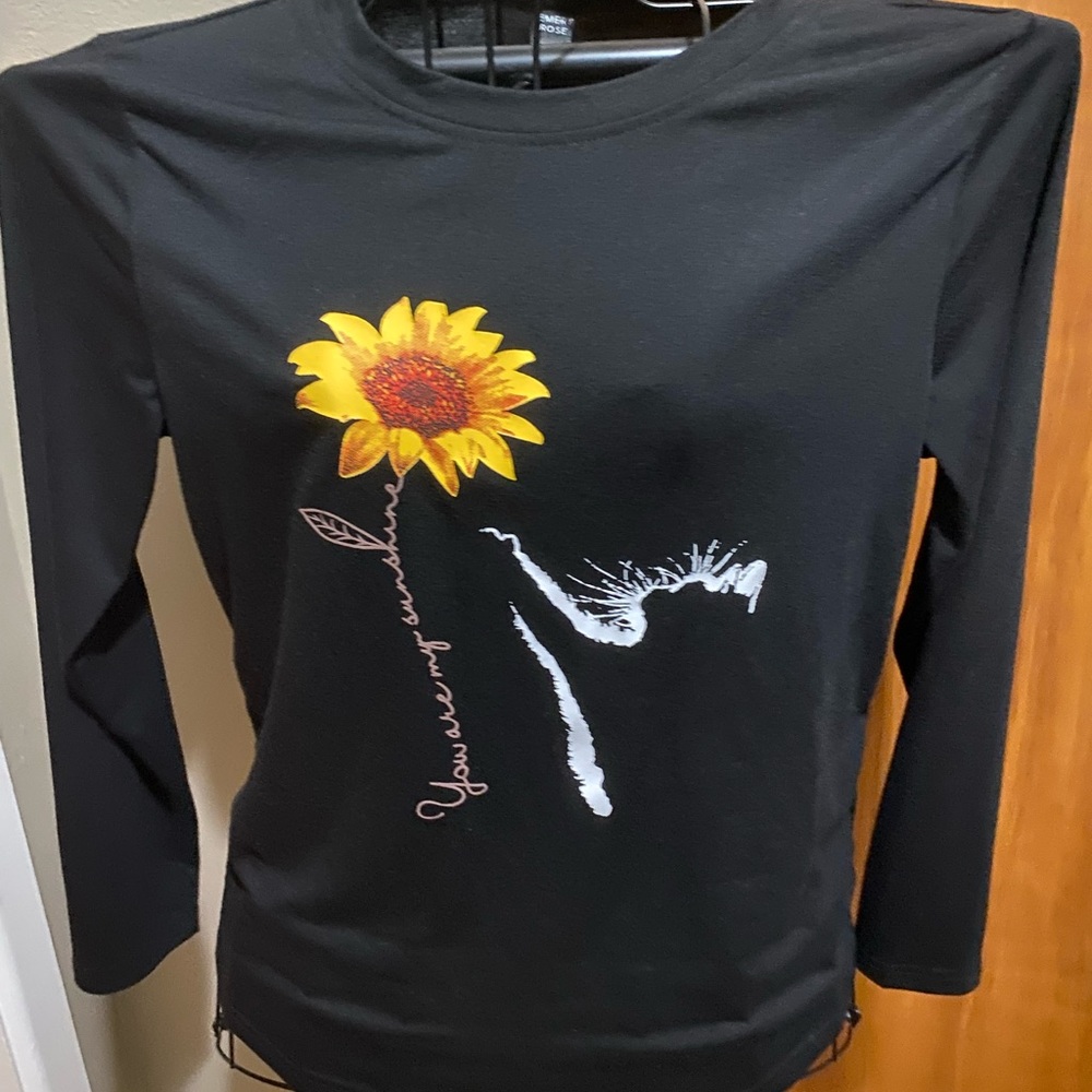 Black Long Sleeve Shirt with Sunflower Graphic